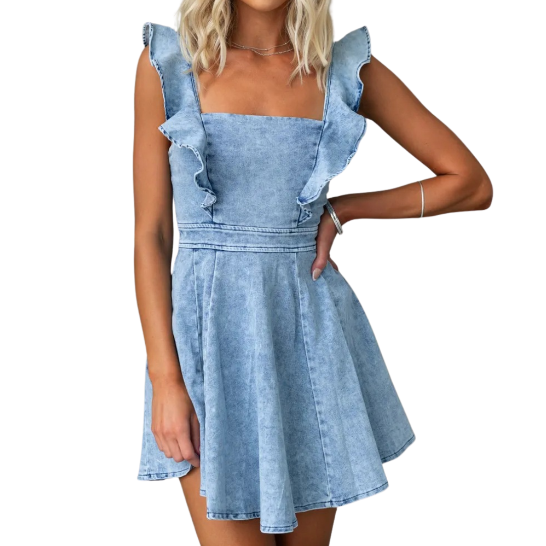 VIVEKA™ – Backless Ruffle Strap Denim Dress
