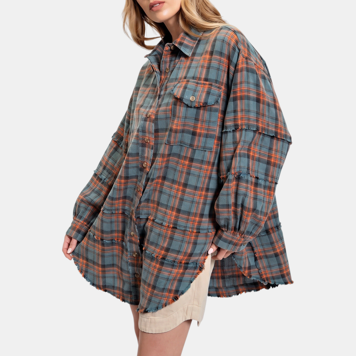 Jeanette | Women's Raw Hem Flannel Shirt Oversized Long Sleeve Blouse