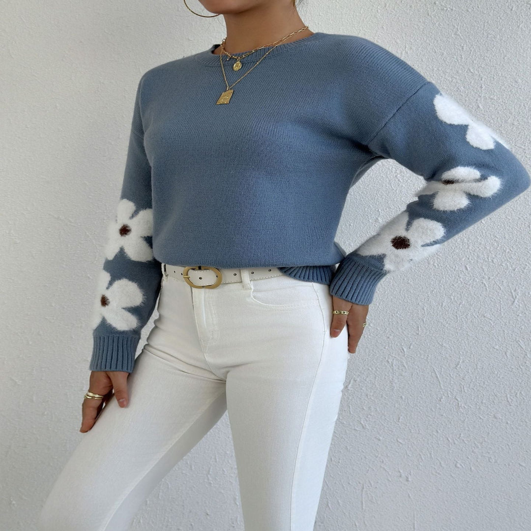 ZOEYT - Round Neck Floral Pattern Sweater