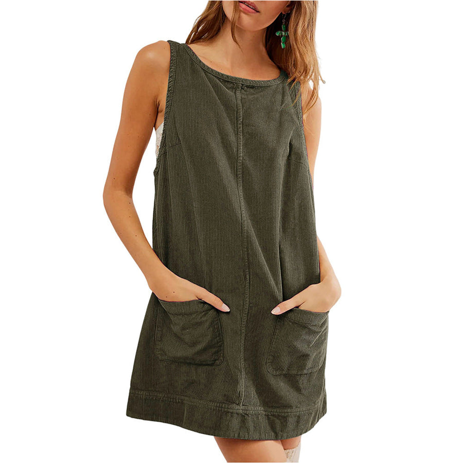 CATALEYAT - Corduroy Overall Dress with Round