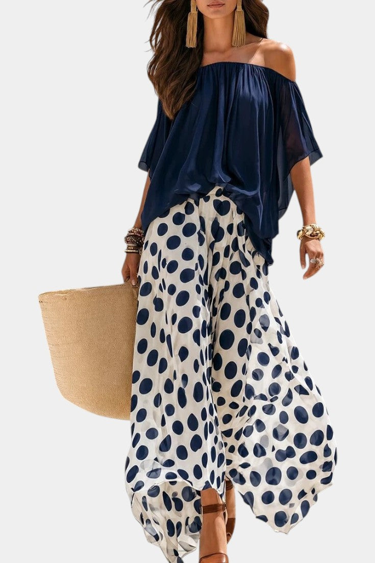 Liliana - Off-the-Shoulder Top & Wide Polka Dot Pants Set