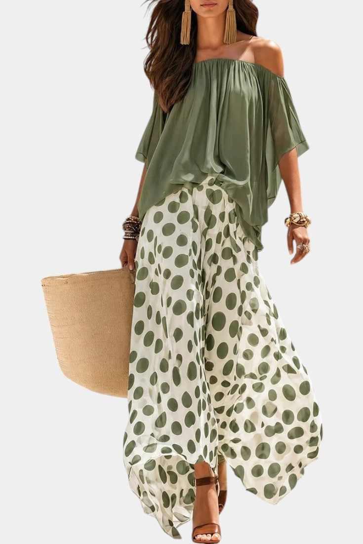 Liliana - Off-the-Shoulder Top & Wide Polka Dot Pants Set