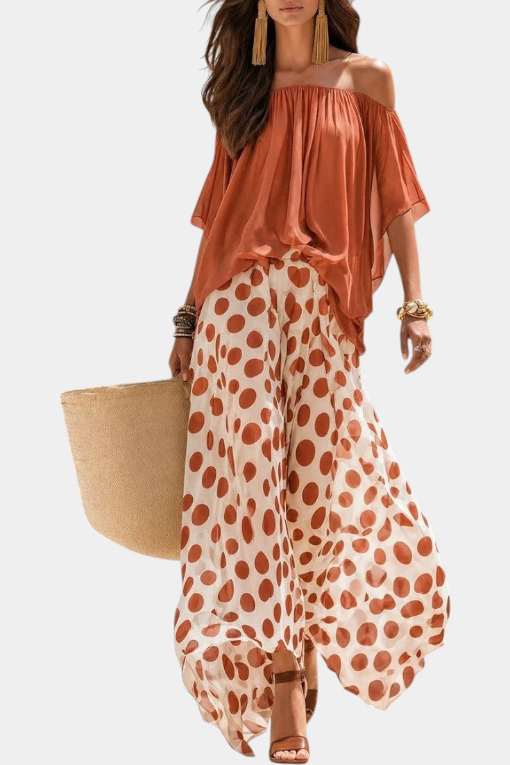 Liliana - Off-the-Shoulder Top & Wide Polka Dot Pants Set