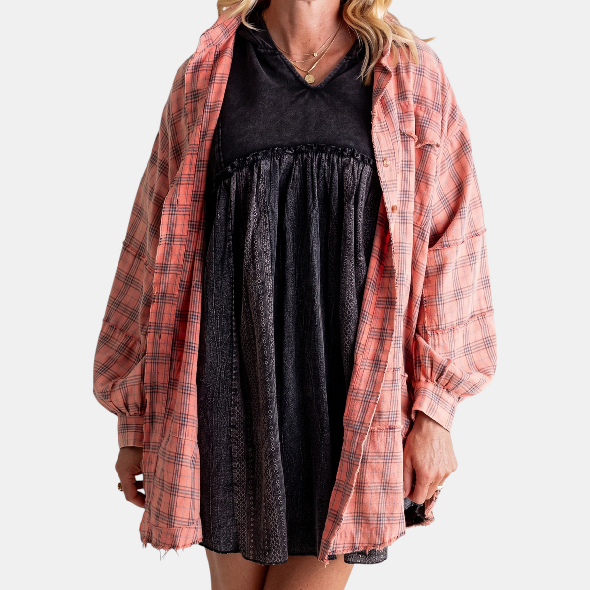 Jeanette | Women's Raw Hem Flannel Shirt Oversized Long Sleeve Blouse