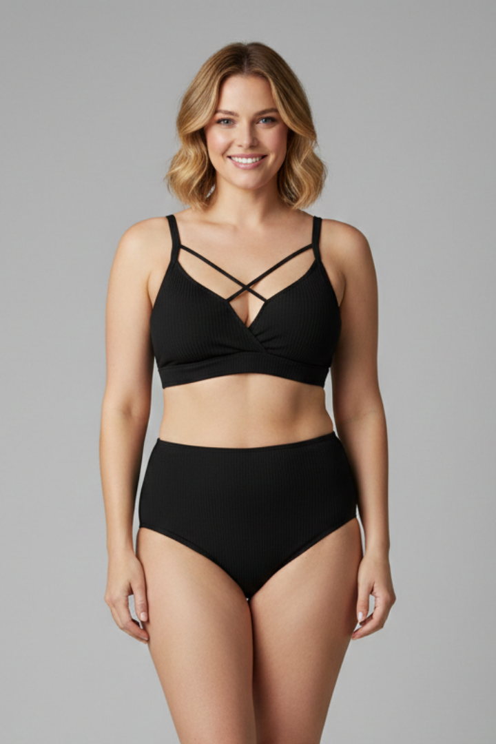 Plus Size Bikini Set with Strappy Top and High Waist Bottom