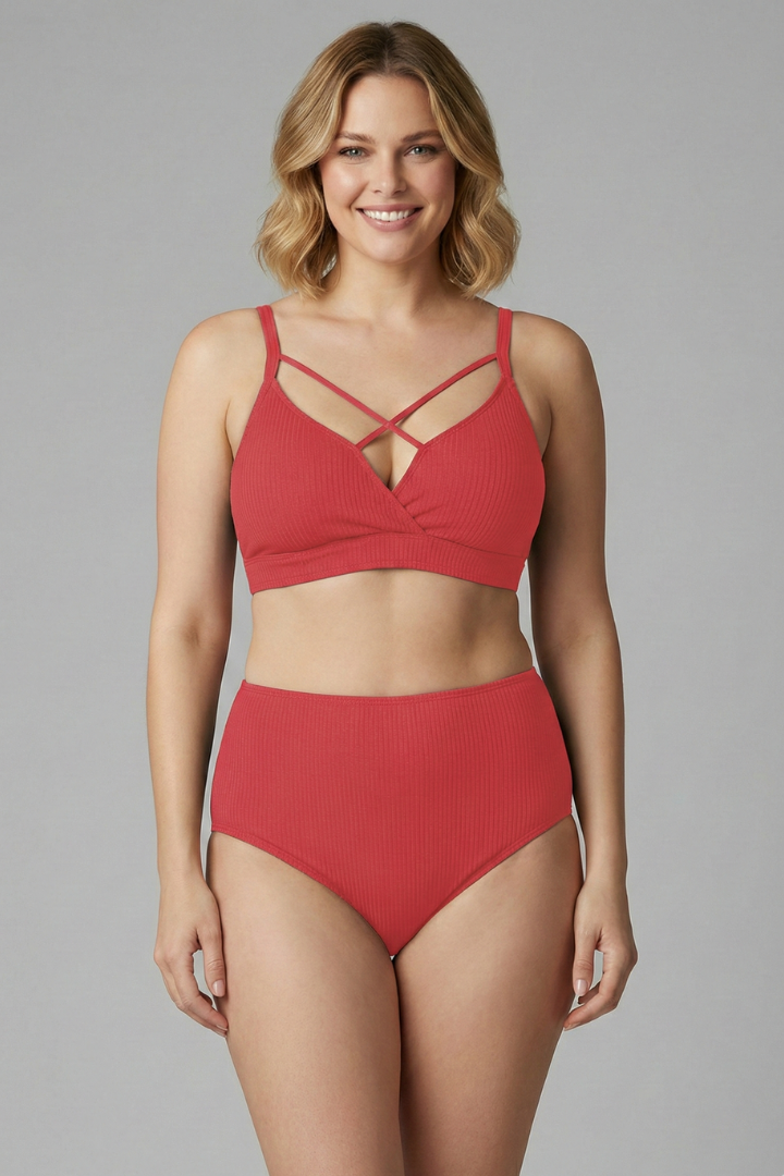 Plus Size Bikini Set with Strappy Top and High Waist Bottom