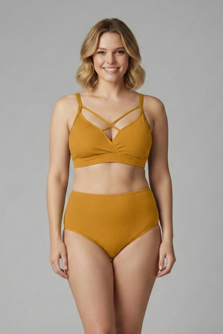 Plus Size Bikini Set with Strappy Top and High Waist Bottom