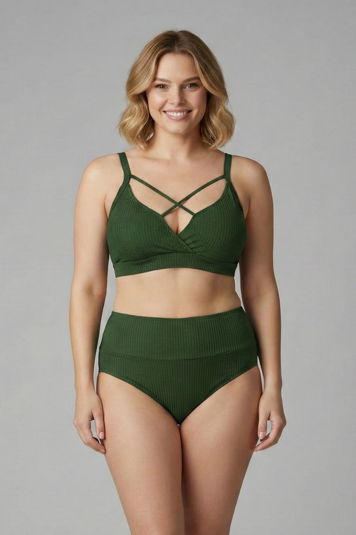 Plus Size Bikini Set with Strappy Top and High Waist Bottom