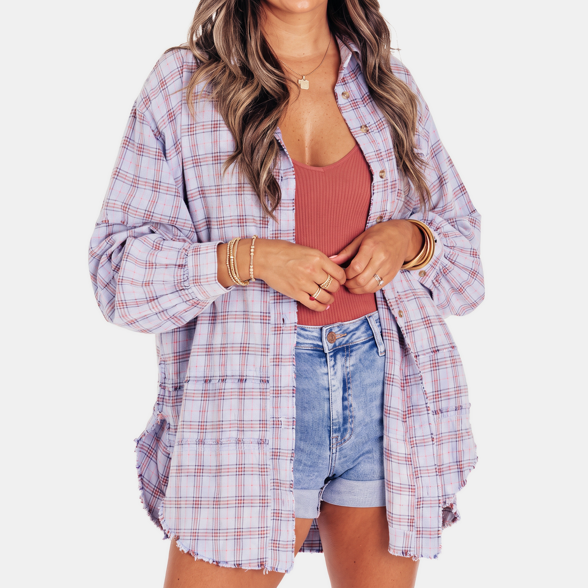 Jeanette | Women's Raw Hem Flannel Shirt Oversized Long Sleeve Blouse