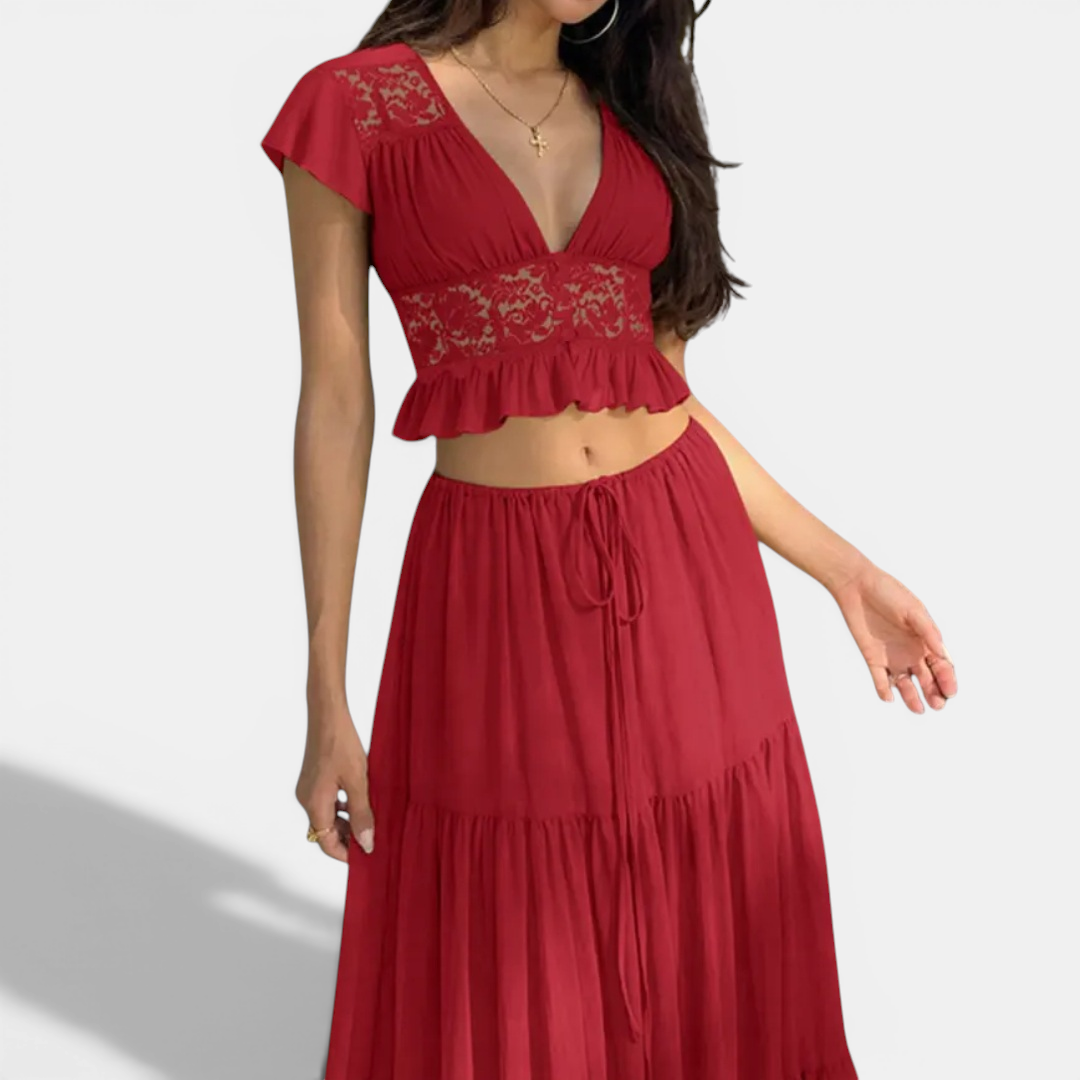 CARIÑA™ – Sheer Lace Tie-Up Two Piece Set