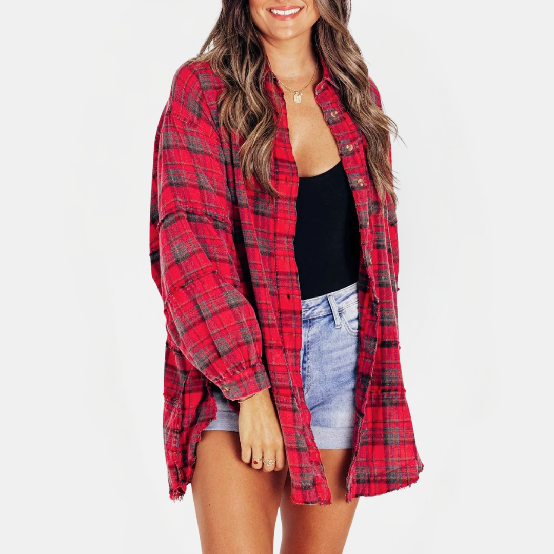 Jeanette | Women's Raw Hem Flannel Shirt Oversized Long Sleeve Blouse