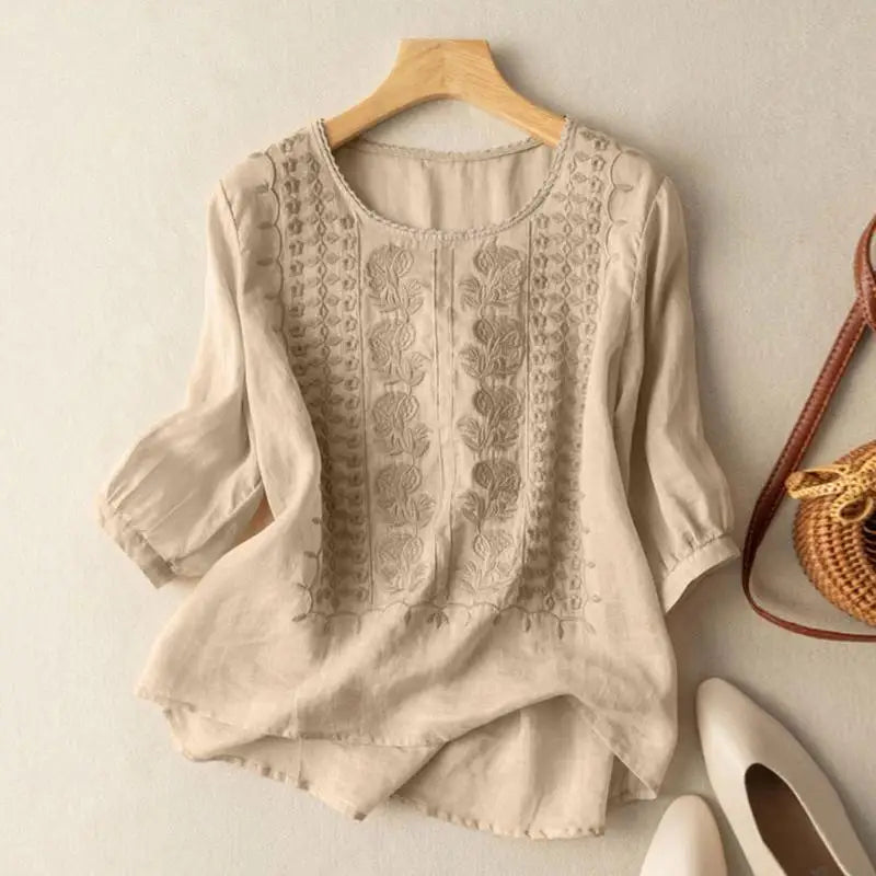 Aurora – Embroidered Relaxed Blouse (Cotton &amp; Linen)