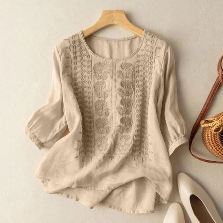 Aurora – Embroidered Relaxed Blouse (Cotton &amp; Linen)