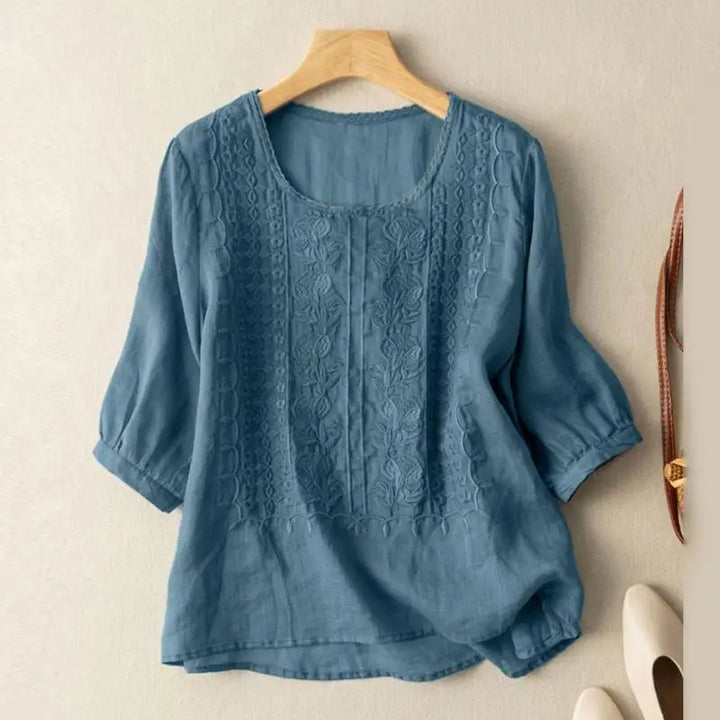 Aurora – Embroidered Relaxed Blouse (Cotton &amp; Linen)