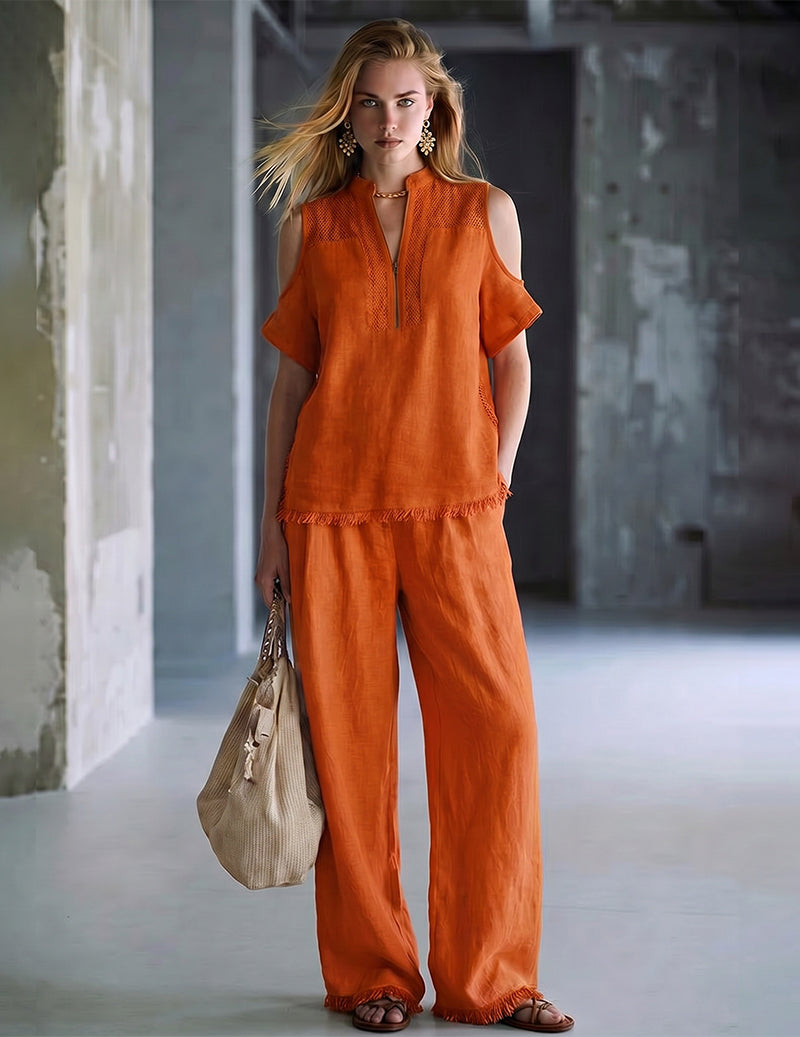 Cold Shoulder Fringed Top Wide-Leg Pants Casual Set