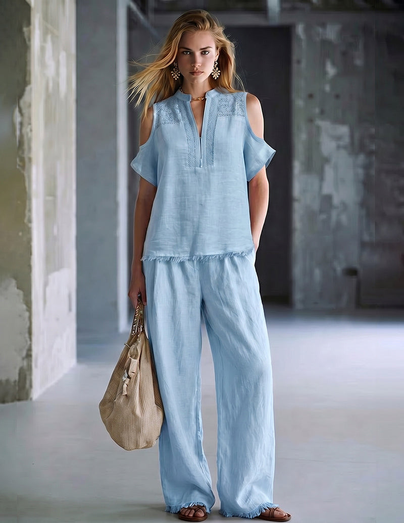 Cold Shoulder Fringed Top Wide-Leg Pants Casual Set
