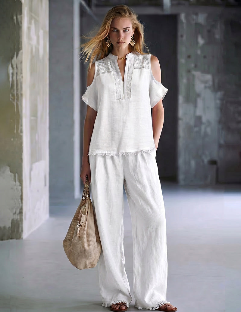 Cold Shoulder Fringed Top Wide-Leg Pants Casual Set
