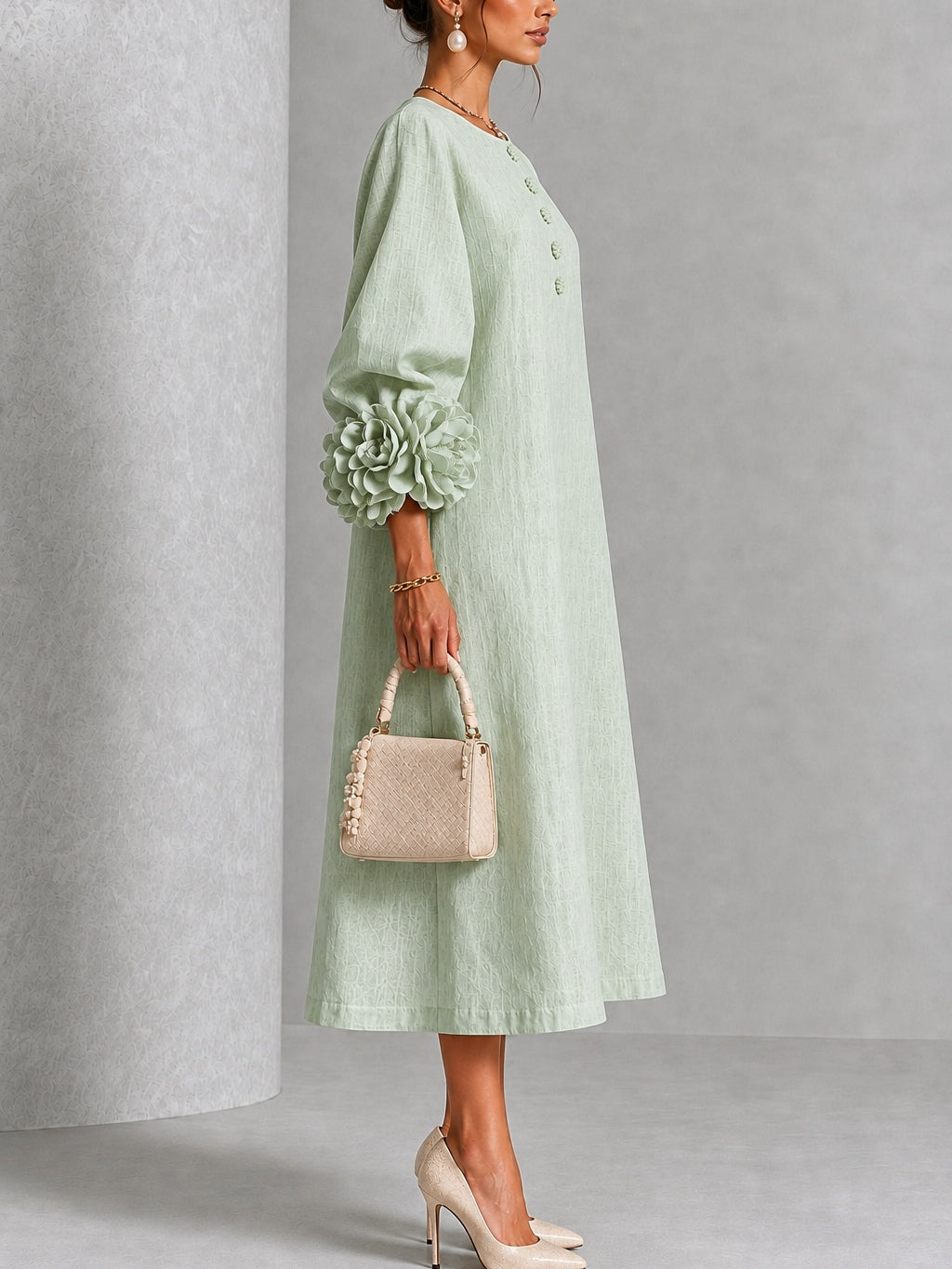 Elowen | Rosette-Cuff Button Midi Dress