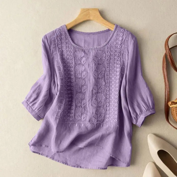 Aurora – Embroidered Relaxed Blouse (Cotton &amp; Linen)