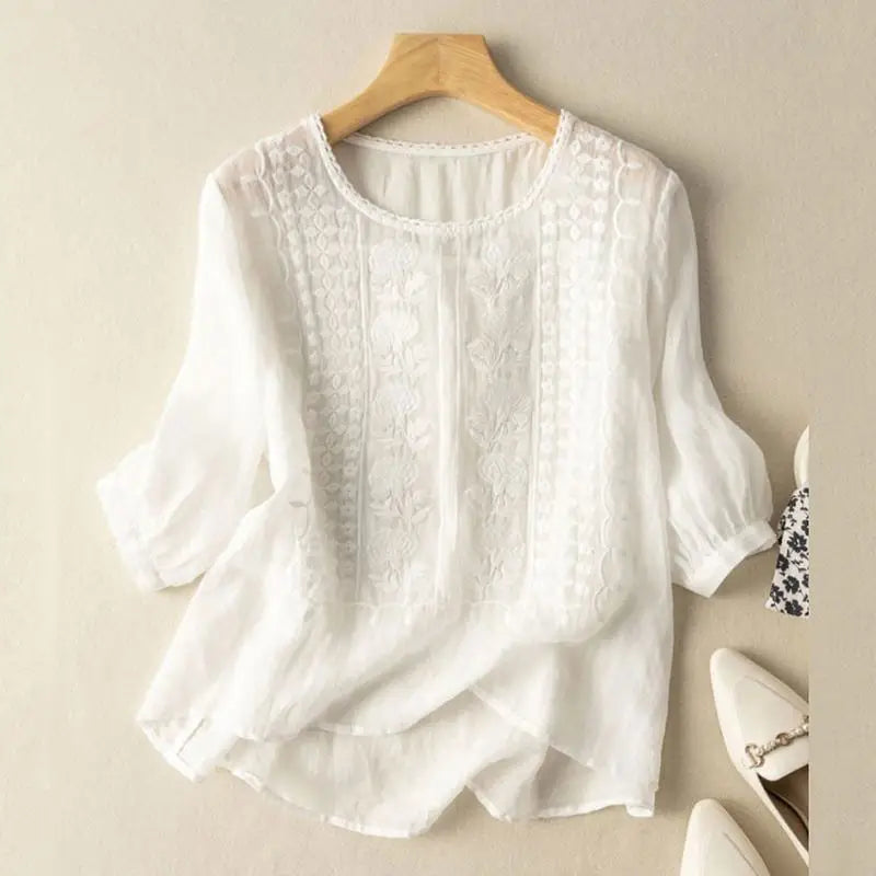 Aurora – Embroidered Relaxed Blouse (Cotton &amp; Linen)