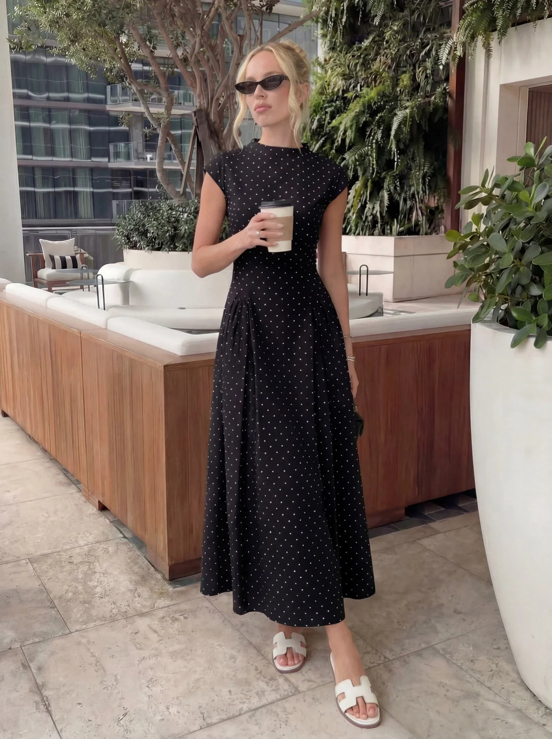 Vintage Polka Dot Ruched Midi Dress