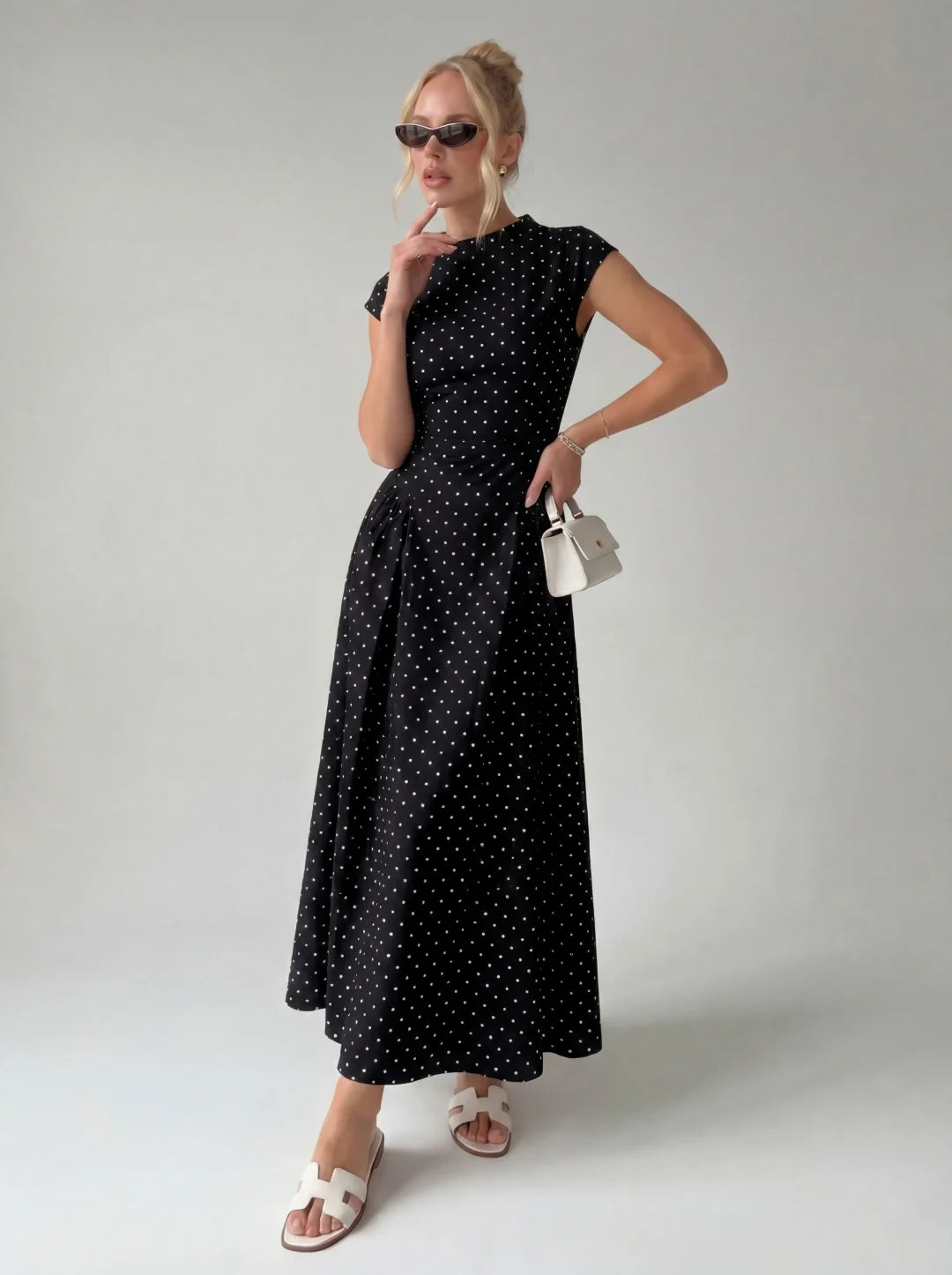Vintage Polka Dot Ruched Midi Dress