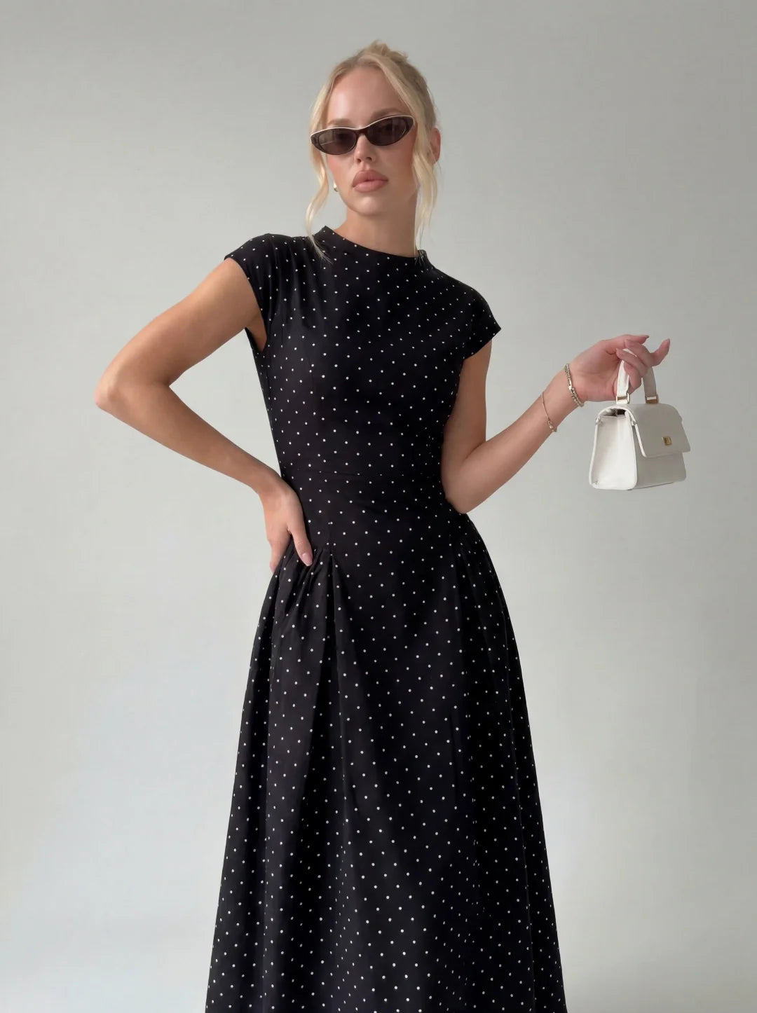 Vintage Polka Dot Ruched Midi Dress