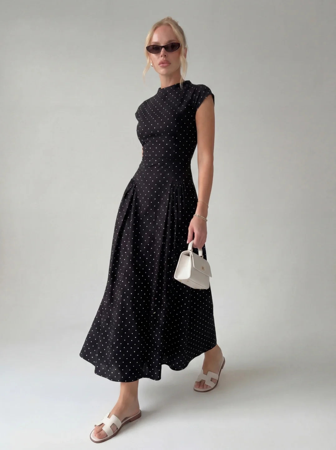 Vintage Polka Dot Ruched Midi Dress