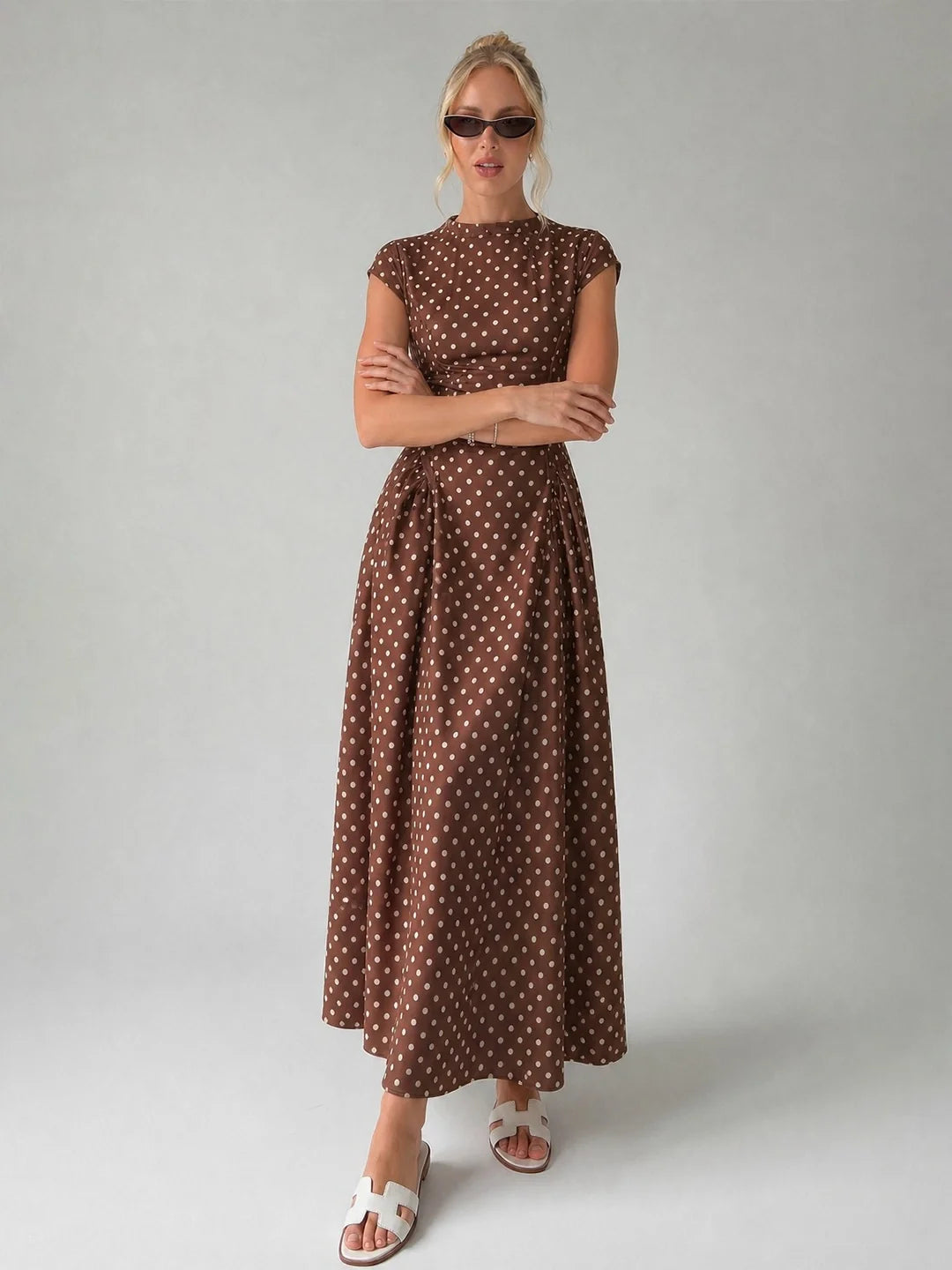 Vintage Polka Dot Ruched Midi Dress