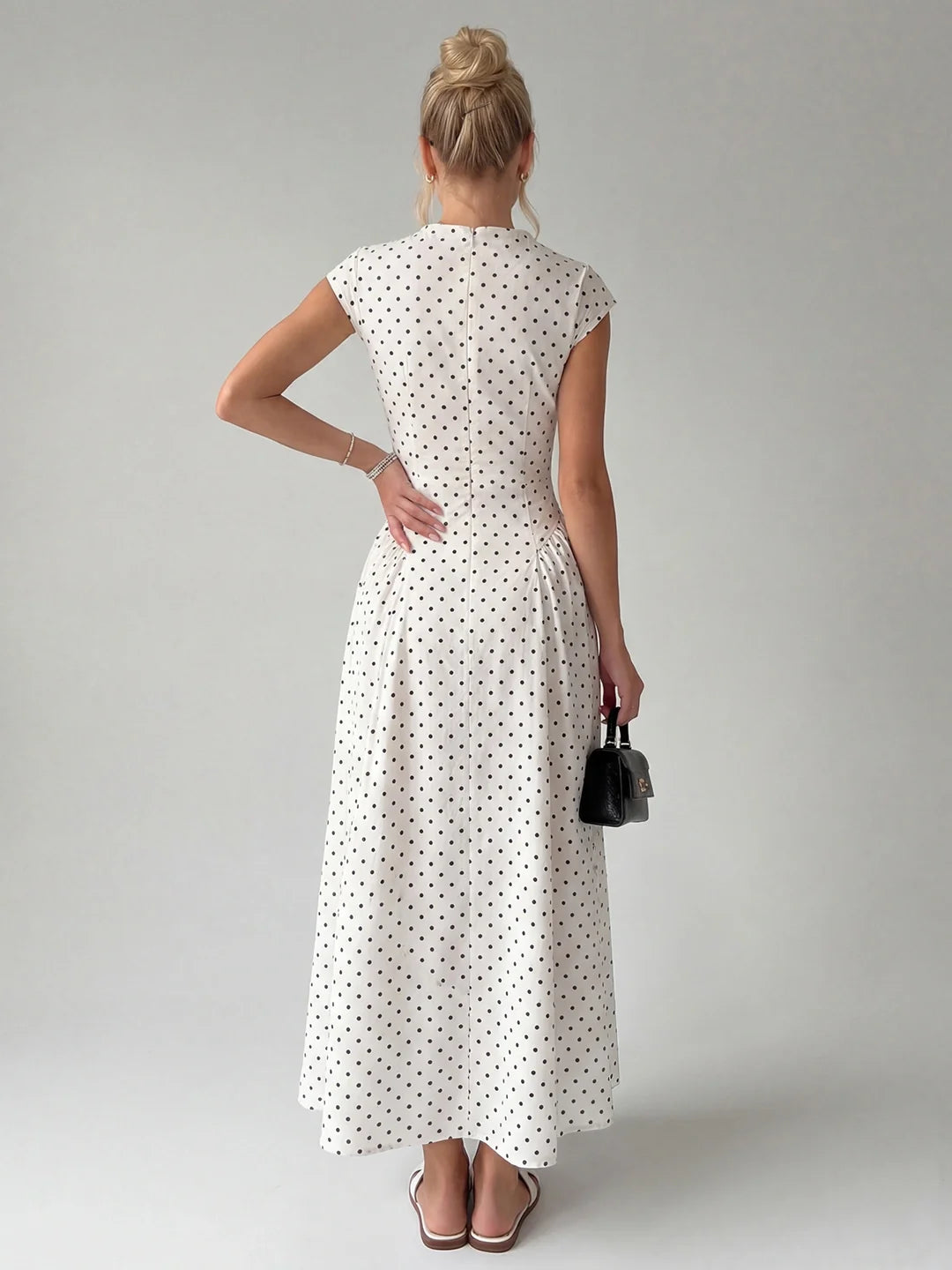 Vintage Polka Dot Ruched Midi Dress