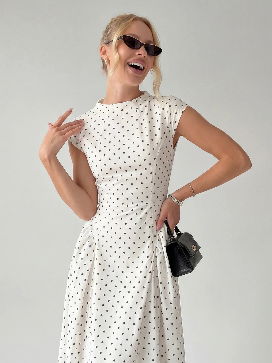 Vintage Polka Dot Ruched Midi Dress