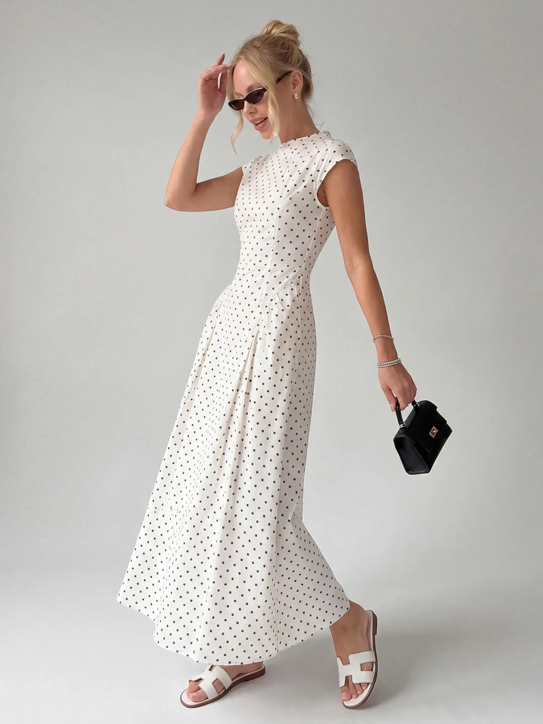 Vintage Polka Dot Ruched Midi Dress