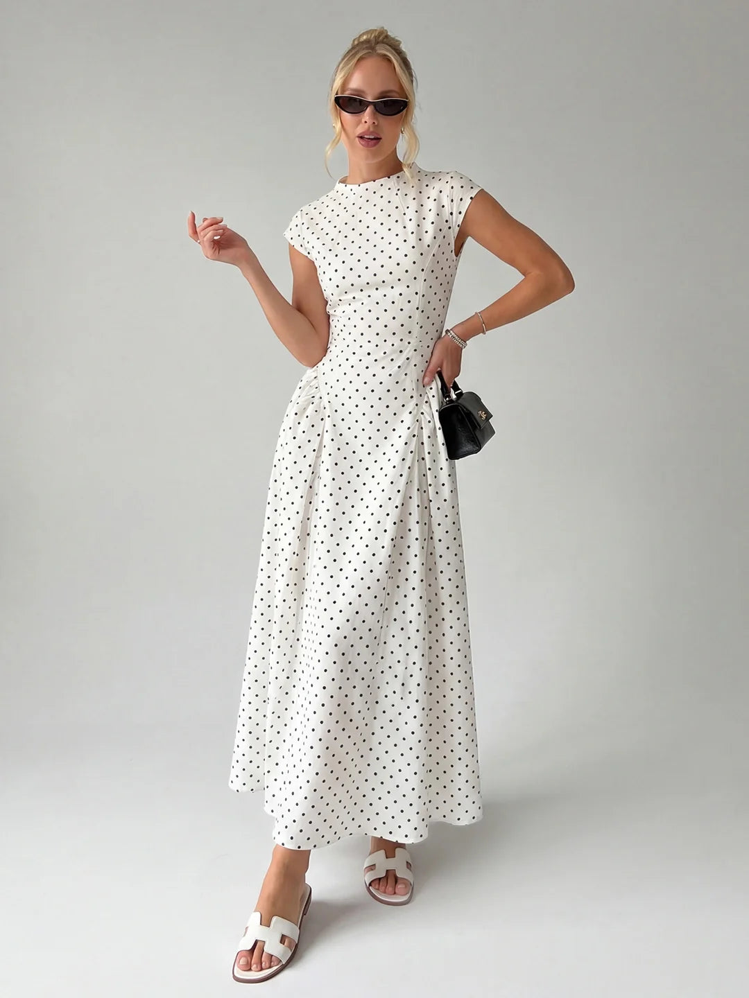 Vintage Polka Dot Ruched Midi Dress