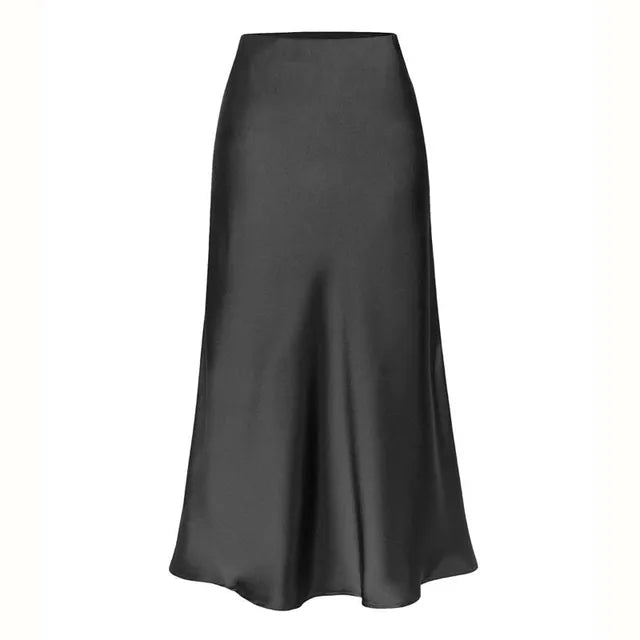 A-Line Satin Look Midi Skirt for Women with Slit and High Waist