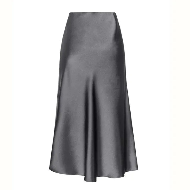A-Line Satin Look Midi Skirt for Women with Slit and High Waist