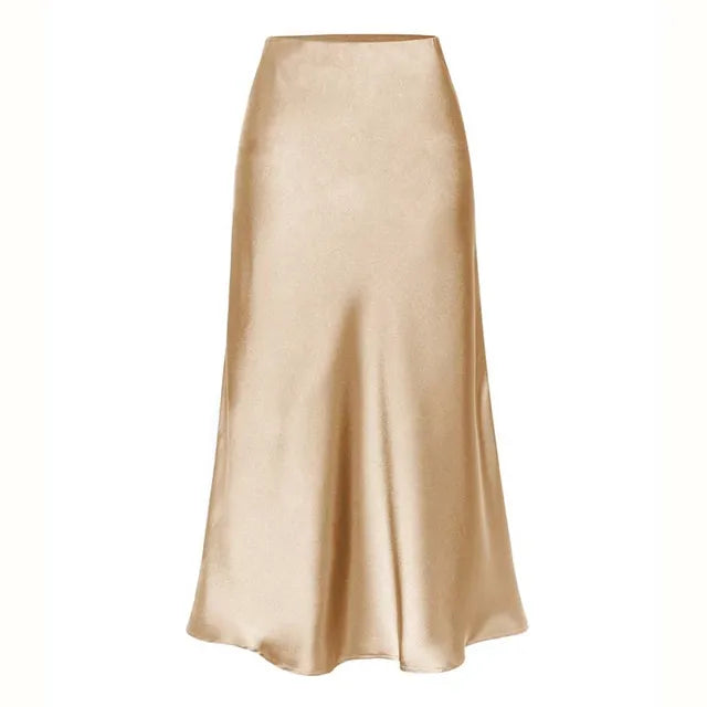 A-Line Satin Look Midi Skirt for Women with Slit and High Waist
