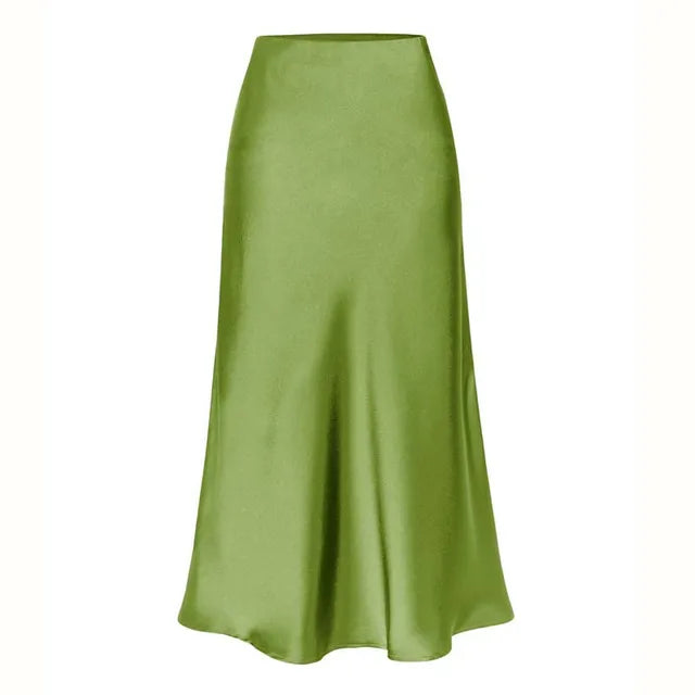 A-Line Satin Look Midi Skirt for Women with Slit and High Waist