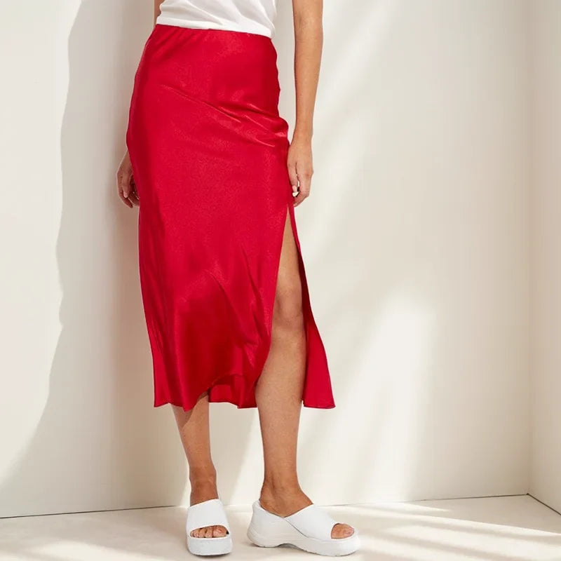 A-Line Satin Look Midi Skirt for Women with Slit and High Waist