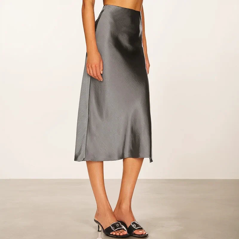 A-Line Satin Look Midi Skirt for Women with Slit and High Waist