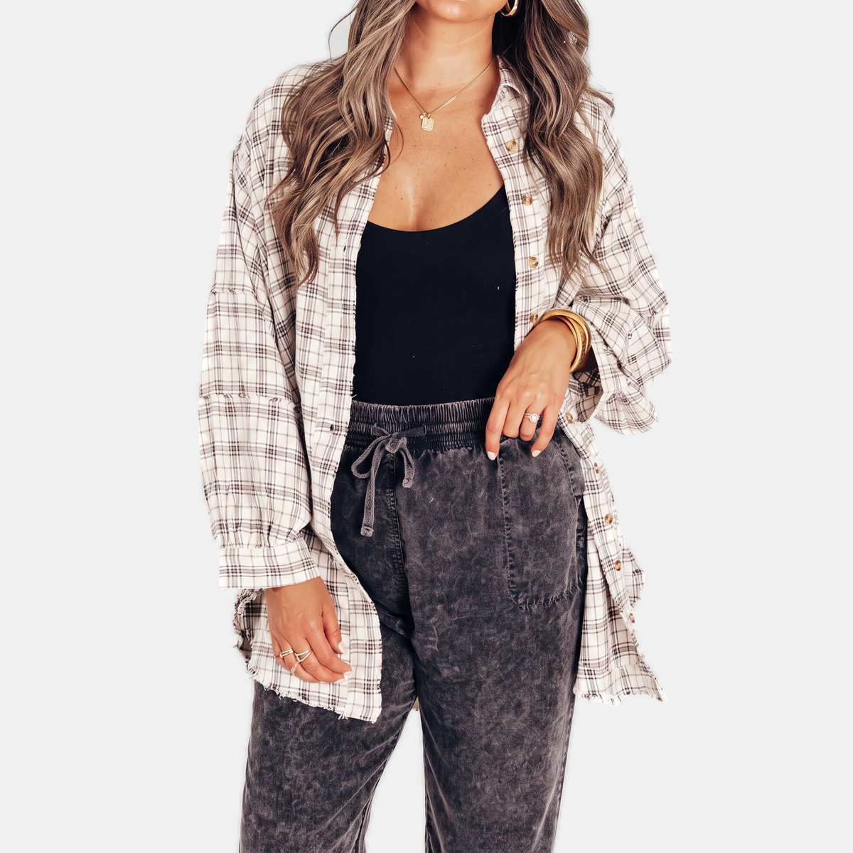 Jeanette | Women's Raw Hem Flannel Shirt Oversized Long Sleeve Blouse