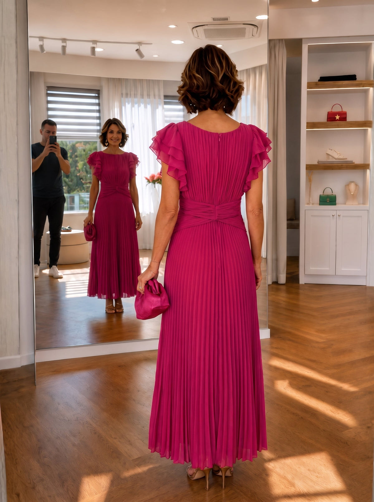 Neila | Pleated Flutter-Sleeve Maxi Dress