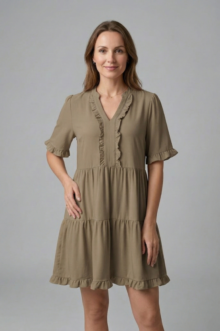 Women’s Dress with V Neck and Ruffle Detail