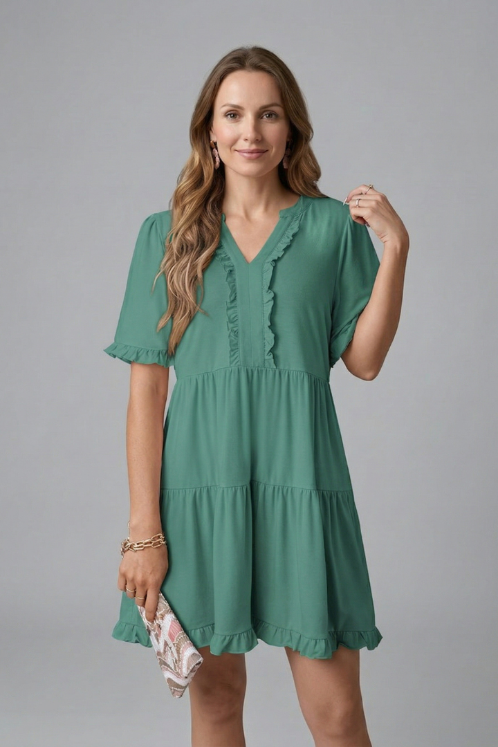 Women’s Dress with V Neck and Ruffle Detail