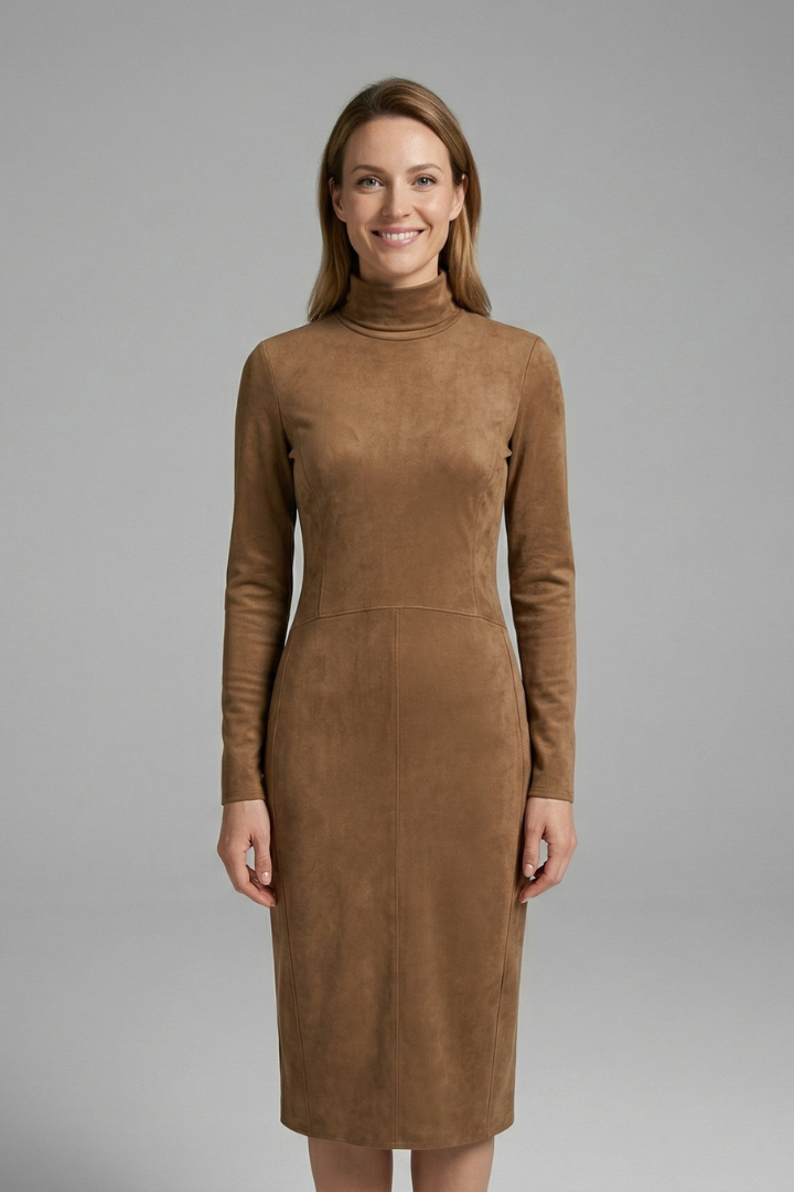 Women’s Midi Dress with High Neck and Long Sleeves