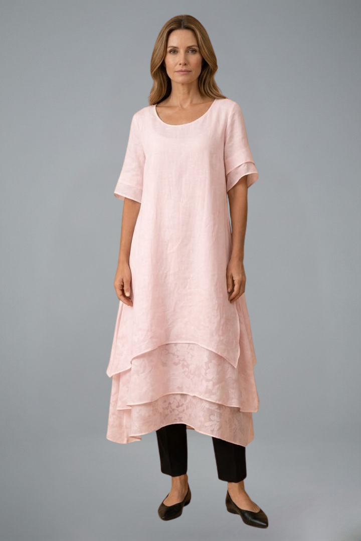Women’s Midi Dress with Open Neckline and Flowing Skirt