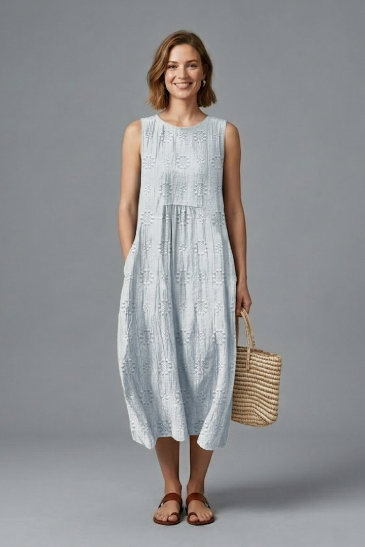 Women’s Midi Dress with Round Neck and Sleeveless Design