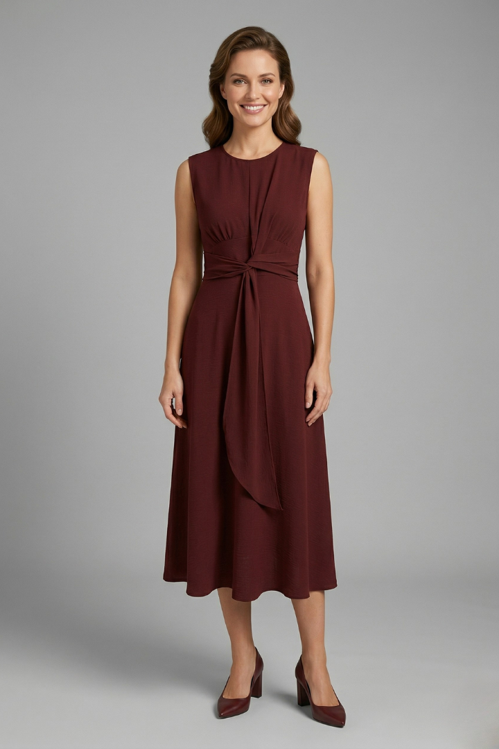 Women’s Midi Dress with Sleeveless Design and Round Neckline