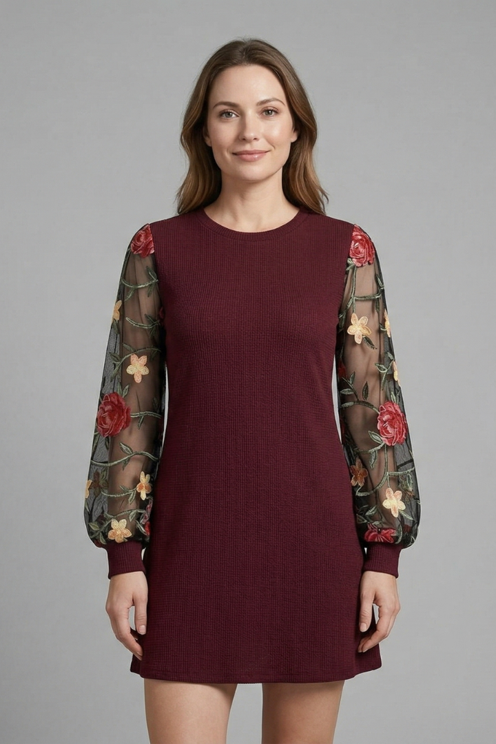Women’s Mini Dress with Bishop Sleeves and Embroidered Detail