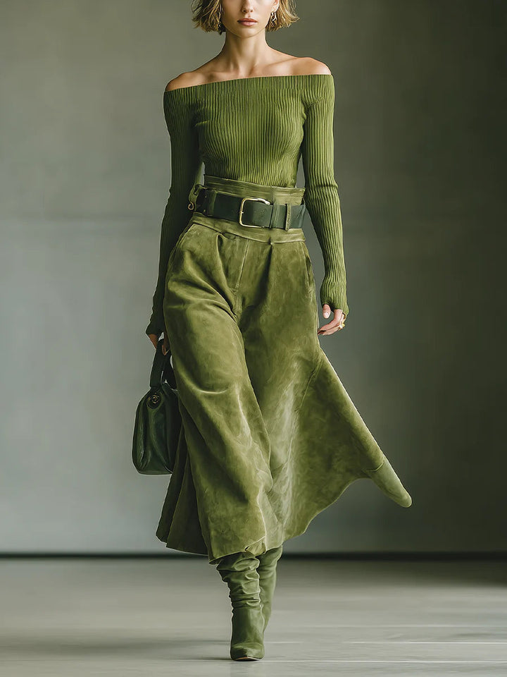 Olive Green Off-Shoulder Top &amp; Faux Suede Skirt Set