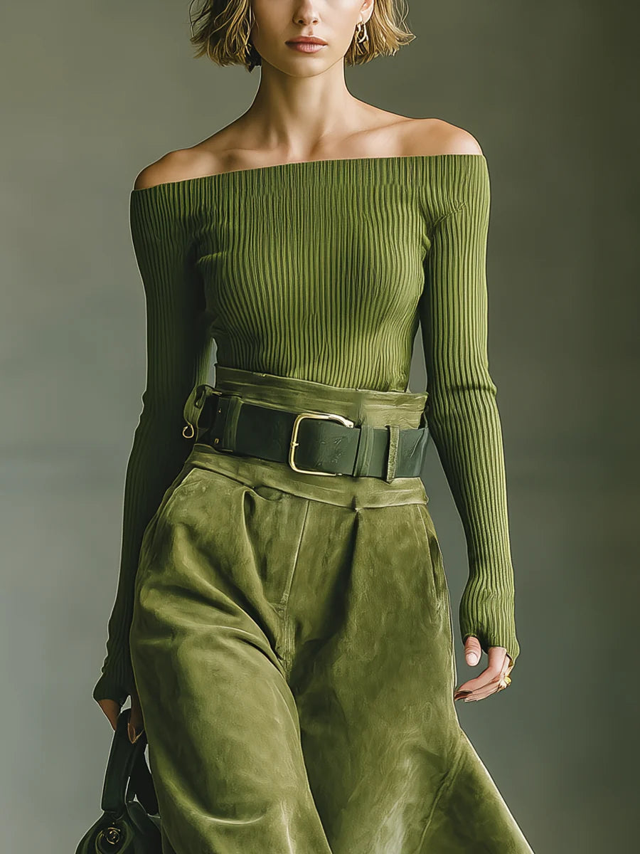 Olive Green Off-Shoulder Top & Faux Suede Skirt Set